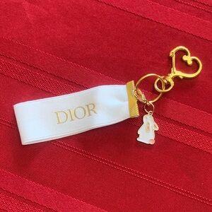 Dior White Ribbon Keychain with Gold Heart Clip and Bunny Charm 38